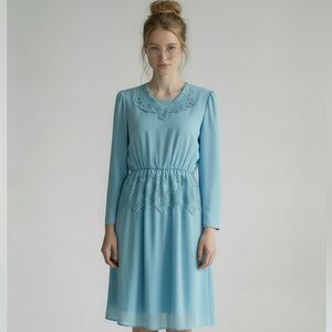 🇨🇦 Vintage Lady Colony Blue Lace Midi Dress | Union Made In Canada | Long Sleeve